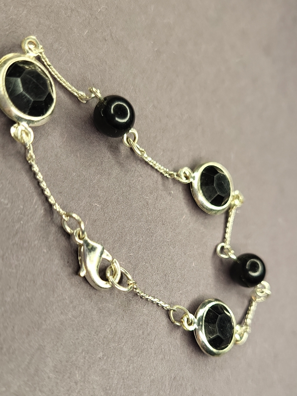 Elegant Black Stone Silver-Link Bracelet